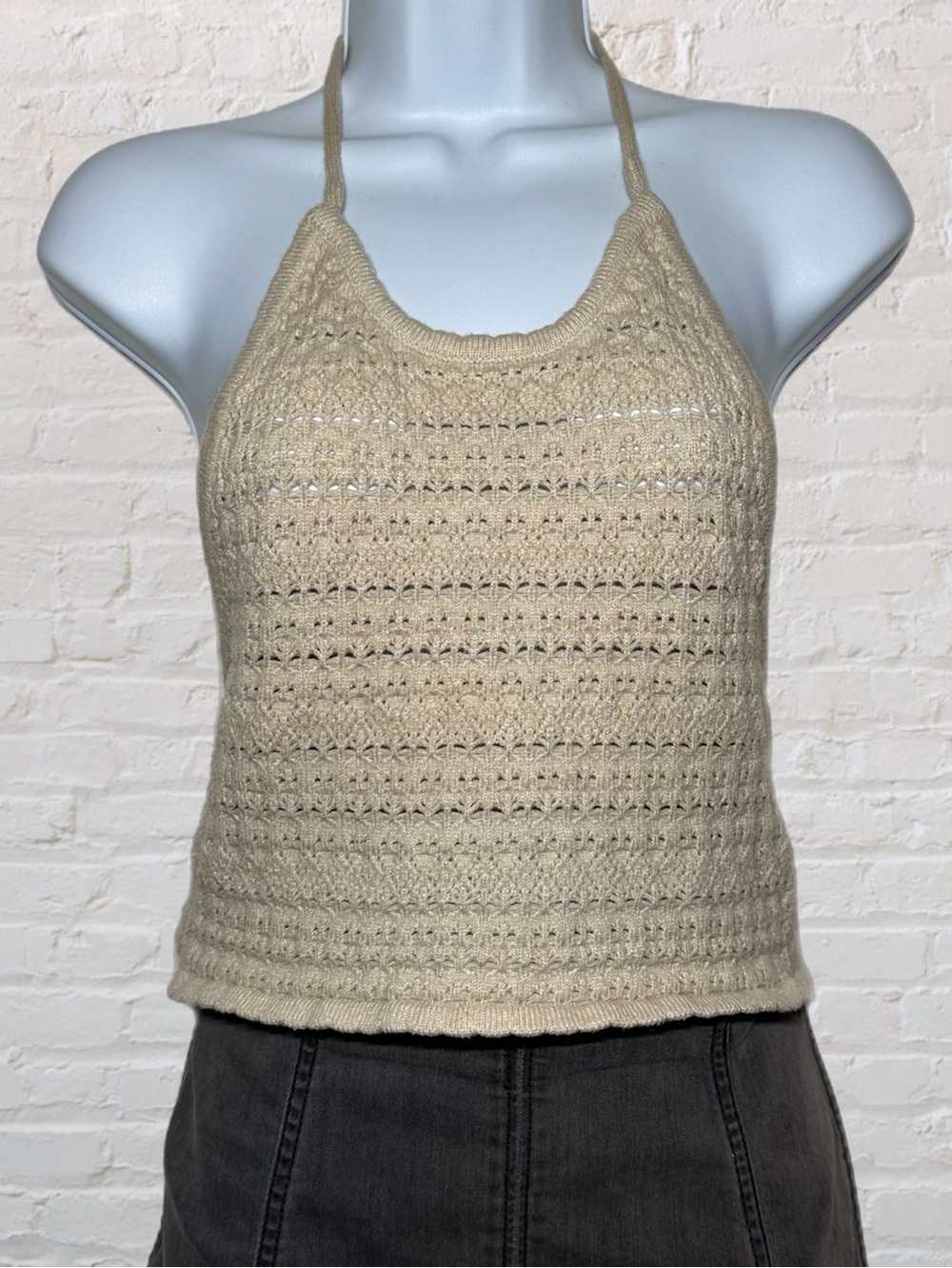 AKIRA Cream Crochet Open Back Halter Top w/ Pom Pom Ties in Women’s Size Medium